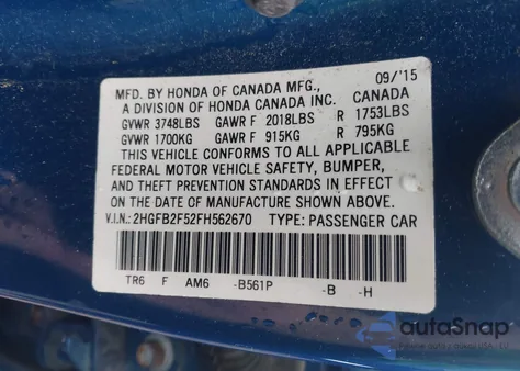 2015 Honda Civic Lx from USA, damaged, VIN 2HGFB2F52FH562670
